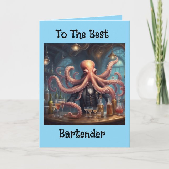 Carte Barman poulpe multitâche mixologue anniversaire (Devant)