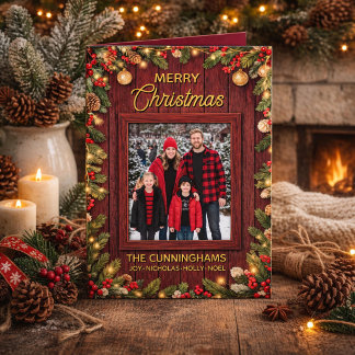 Carte Barn en bois rouge rustique Noël personnalisé avec