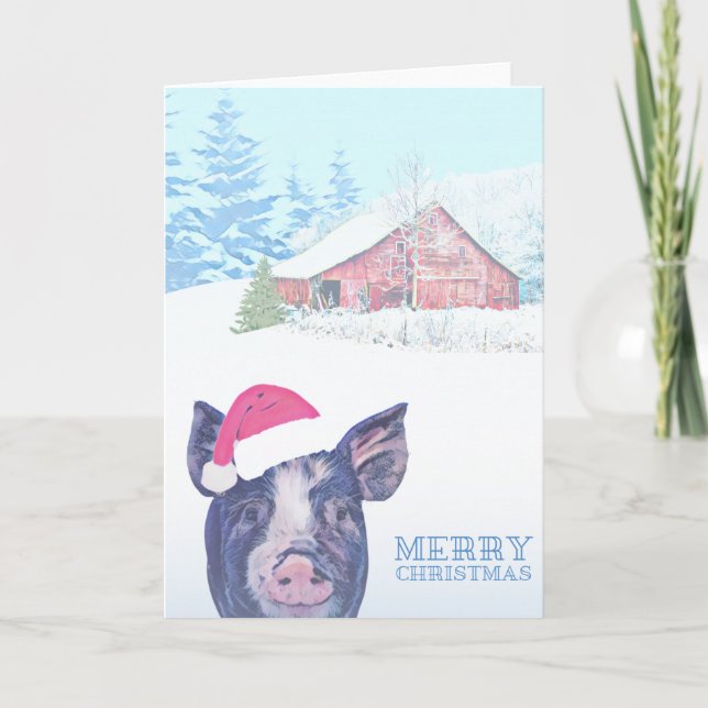 Carte Barnyard Farm Pig Christmas Card Joyeux Noël (Devant)