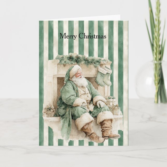 Carte Bas de Noël rayés verts cheminée Santa Noël (Devant)