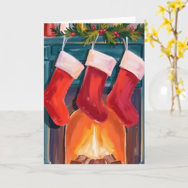 Carte Bas de Noël rouges cheminée aquarelle (Fleur jaune)