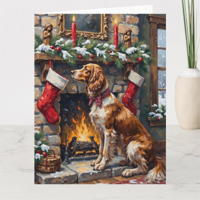 Carte Bas rouge de Noël Setter Anglais cheminée (Devant)