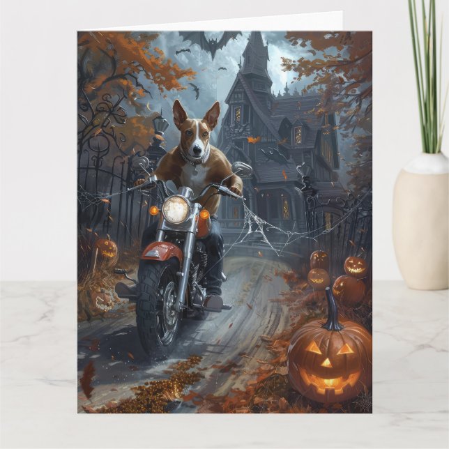 Carte Basenji à moto Halloween effrayant (Devant)