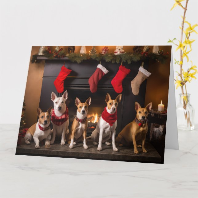 Carte Basenji au coin du feu Noël (Fleur jaune)