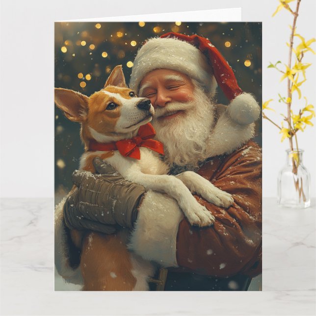 Carte Basenji avec Noël Festif du Père Noël (Fleur jaune)