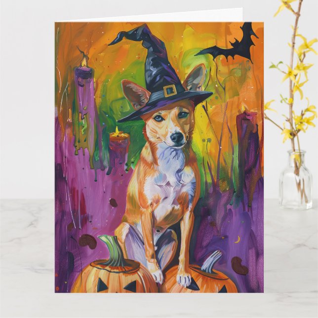 Carte Basenji effrayant Sorcière d'Halloween et Citrouil (Fleur jaune)