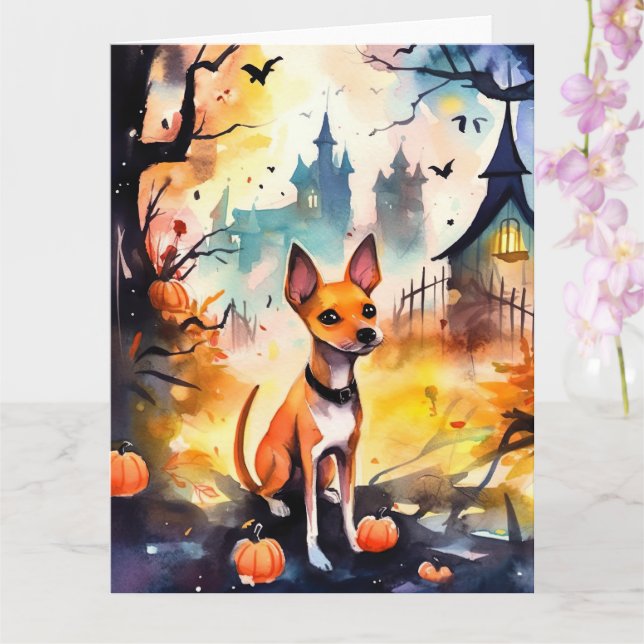 Carte Basenji Halloween avec citrouilles effrayant  (Orchidée)