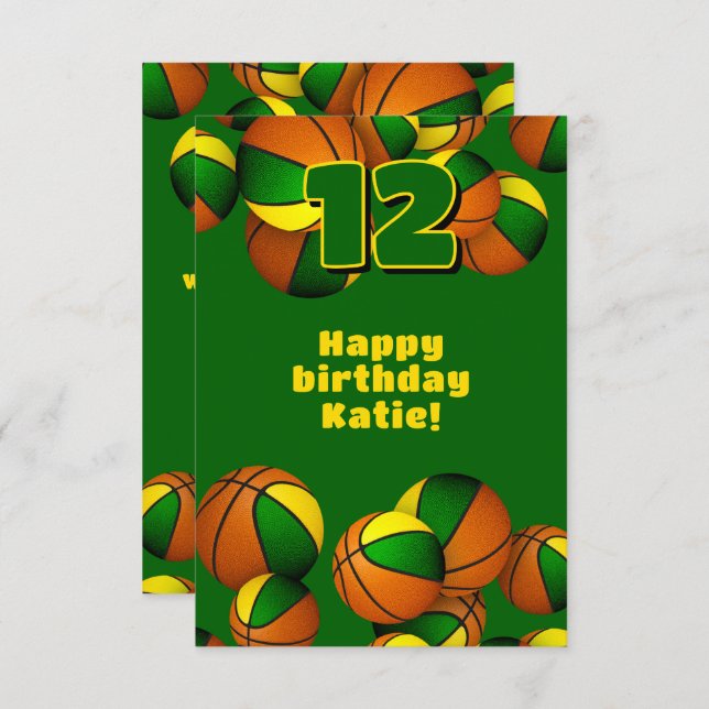 Carte basket joyeux anniversaire vert or équipe couleurs (Devant / Derrière)