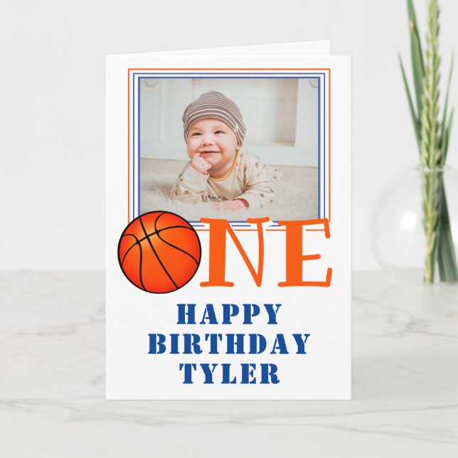 Carte Basketball Ball ONE Kids Photo 1st Birthday (Devant)
