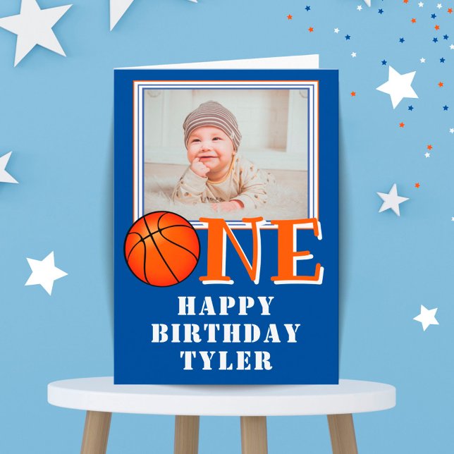 Carte Basketball Ball ONE Kids Photo 1st Birthday Card (Créateur téléchargé)