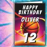 Carte Basketball Ball Sports Joyeux anniversaire<br><div class="desc">Basketball Ball Hoop it up Sports Bonne carte d'anniversaire. Ce design moderne a le texte "Joyeux anniversaire", un nom personnalisé, l'âge et un ballon de basket sur un arrière - plan vivant et dynamique. Le thème du basket le rend parfait pour l'anniversaire d'un fan de basket. Personnalisez avec votre nom,...</div>