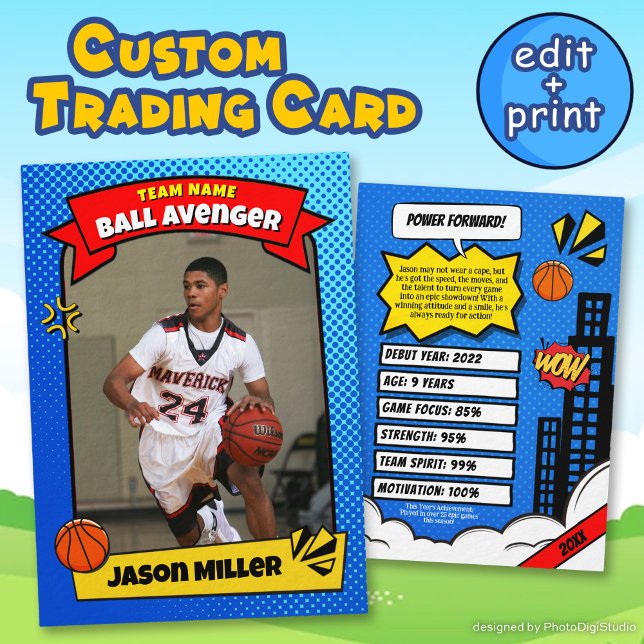 Carte Basketball Personnalisée, Carte Baller Comic (Custom Basketball Trading Card, Comic Baller Card)