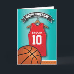 Carte Basketball Red Jersey Sports Custom Birthday<br><div class="desc">Personalized kids basketball birthday greeting cards with a blue faded background and a red & black basketball jersey which you can personalise with the childs name and age, and a basketball at the bottom. This sports birthday card will impress the birthday kid be it your son/daughter, nephew/niece, grandson/grandaughter or friend,...</div>