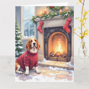 Carte Basset Hound à l'aquarelle au coin du feu de Noël