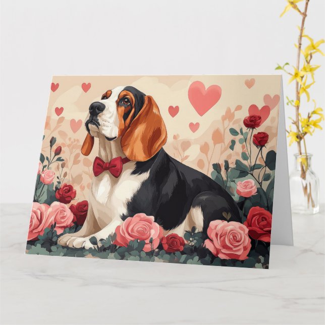 Carte Basset Hound avec des roses - Saint-Valentin  (Fleur jaune)