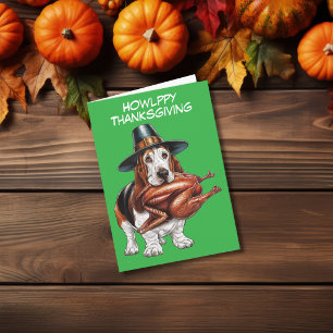 Carte Basset hound avec dinde dans la bouche pour thanks