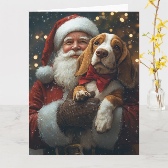 Carte Basset Hound avec Noël Festif du Père Noël (Fleur jaune)