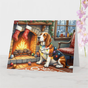 Carte Basset Hound Cheminée avec Lumières de Noël