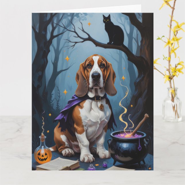 Carte Basset Hound Chien Whimsical Halloween Peinture (Fleur jaune)