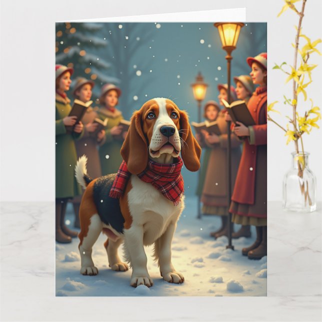 Carte Basset Hound Christmas Carol Singers Painting (Fleur jaune)