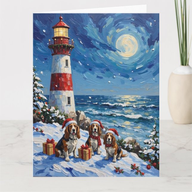 Carte Basset Hound Christmas Lighthouse Holiday (Devant)