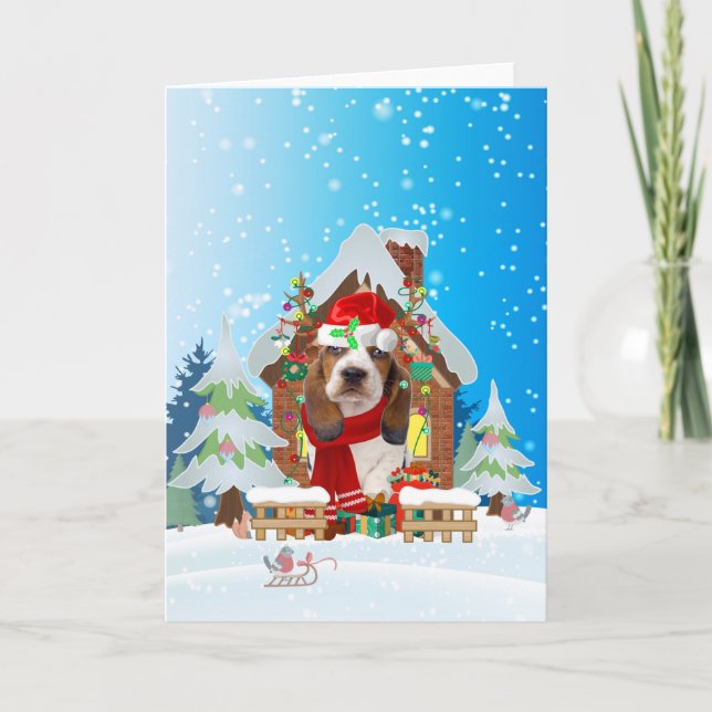 Carte Basset Hound dans la neige avec des cadeaux de Noë (Devant)