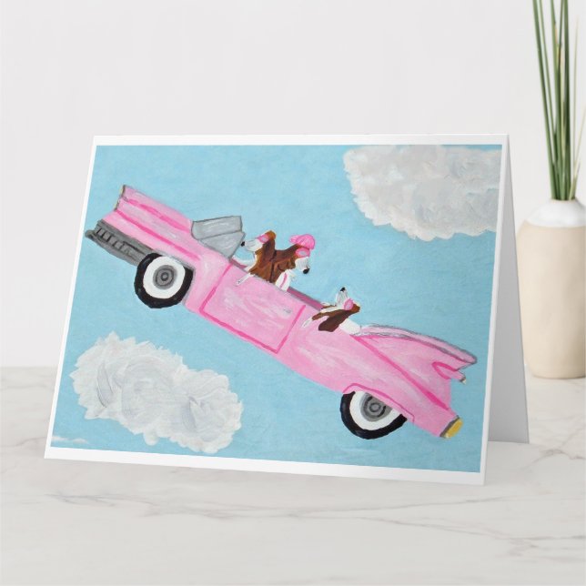 Carte Basset Hound dans une décapotable rose dans  (Devant)