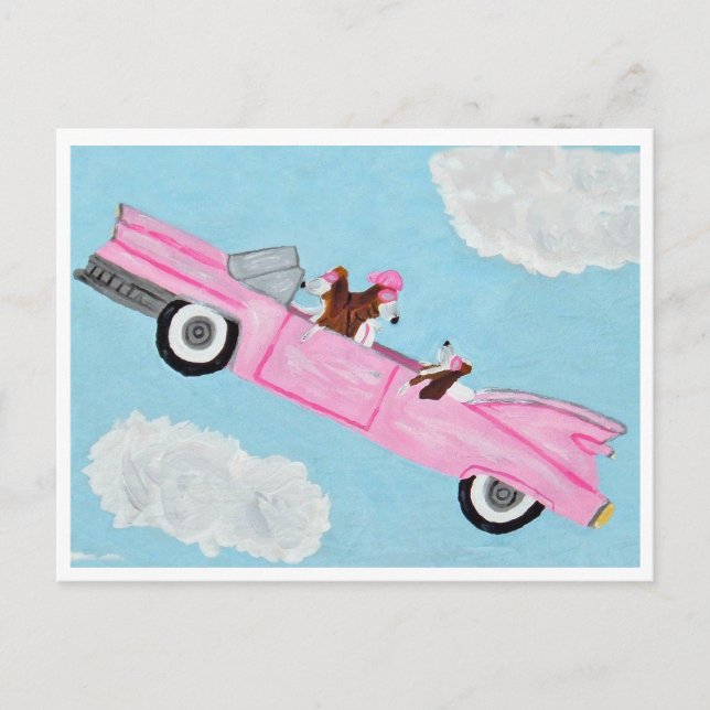 Carte Basset Hound dans une décapotable rose dans  (Devant)
