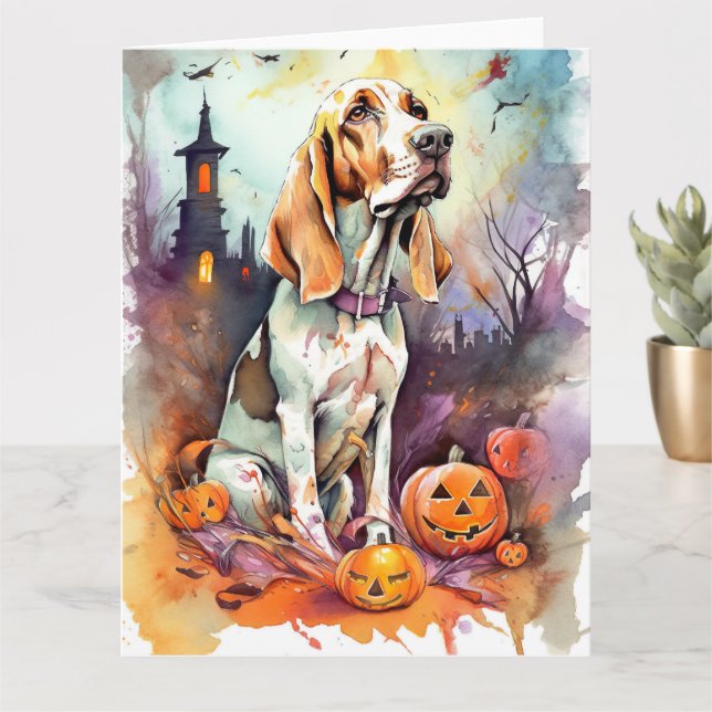 Carte Basset Hound d'Halloween avec citrouilles effrayan (Petite plante)
