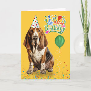 Carte Basset Hound Dog dans un Casquette de fête Anniver