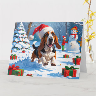 Carte Basset Hound Festive de Noël Scène de neige