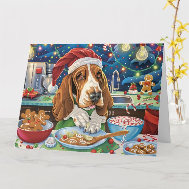 Carte Basset Hound Gîtes : Noël festif (Fleur jaune)