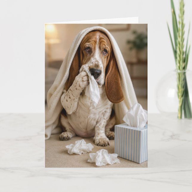 Carte Basset Hound malade avec des mouchoirs (Devant)