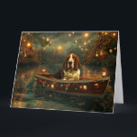 Carte Basset Hound Noël Festive Voyage<br><div class="desc">Jetez un coup d'oeil à la magie de la saison des Fêtes avec cette illustration magnifiquement détaillée, montrant un chien fier assis dans un bateau à la décoration festive, glissant à travers un lac serein de Noël. Les lumières scintillantes des pins voisins se reflètent dans l'eau, projetant une lumière chaude...</div>