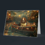Carte Basset Hound Noël Festive Voyage<br><div class="desc">Jetez un coup d'oeil à la magie de la saison des Fêtes avec cette illustration magnifiquement détaillée, montrant un chien fier assis dans un bateau à la décoration festive, glissant à travers un lac serein de Noël. Les lumières scintillantes des pins voisins se reflètent dans l'eau, projetant une lumière chaude...</div>