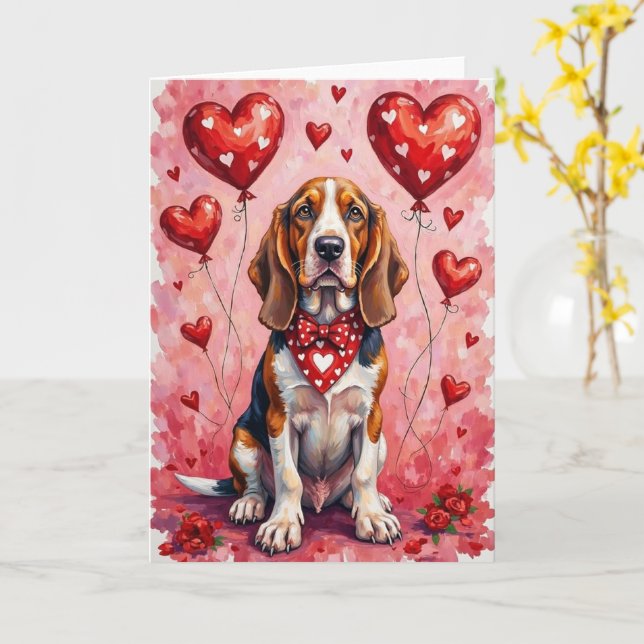 Carte Basset Hound Valentine’s Day Dog with Hearts Red (Fleur jaune)