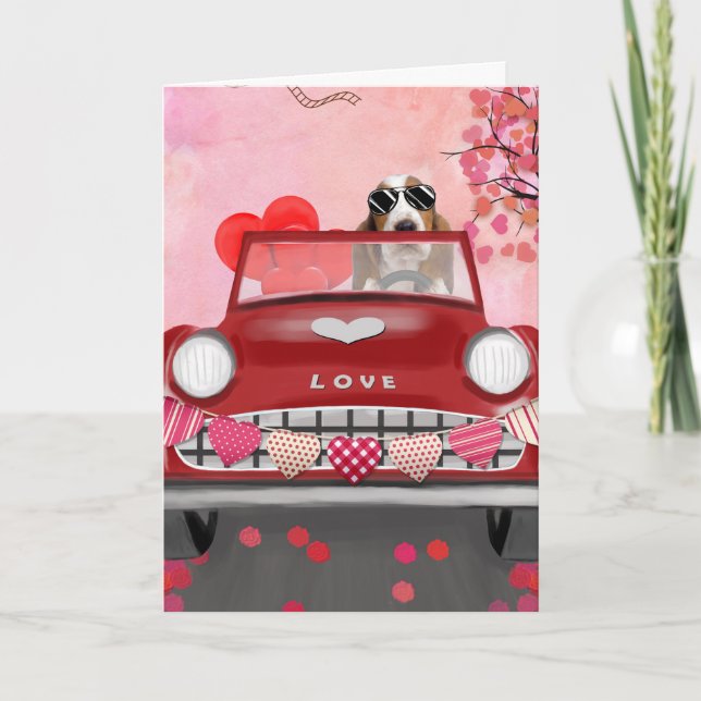 Carte Basset Hound voiture avec les coeurs Valentine's (Devant)