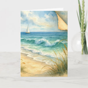 Carte Bateau à voile et bord de mer aquarelle pour anniv