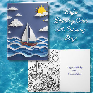 Carte Bateau à voile et soleil Page Couleur d'annivers
