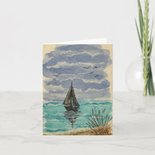 Carte Bateau à voile sur eau bleu turquoise - plié blanc