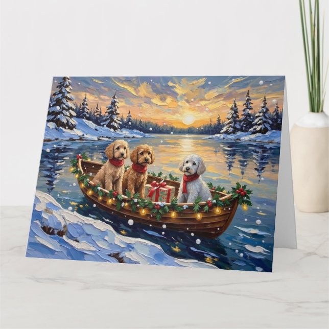Carte Bateau de Noël Caniche Fêtes (Devant)