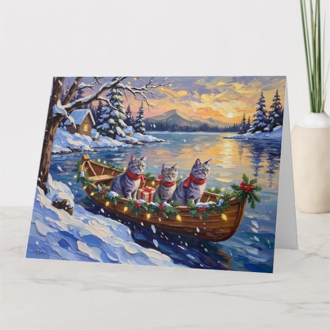 Carte Bateau de Noël de Chat Bleu Oriental Fêtes (Devant)