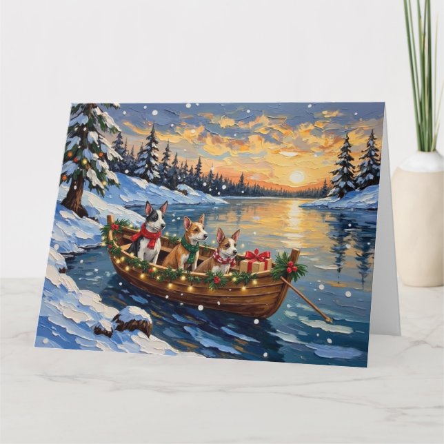 Carte Bateau de Noël de Rat Terrier pour les Fêtes (Devant)