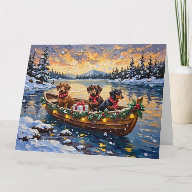 Carte Bateau de Noël de teckel pour les fêtes (Devant)