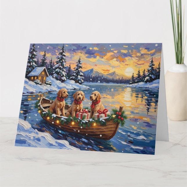 Carte Bateau de Noël Goldendoodle pour les Fêtes (Devant)