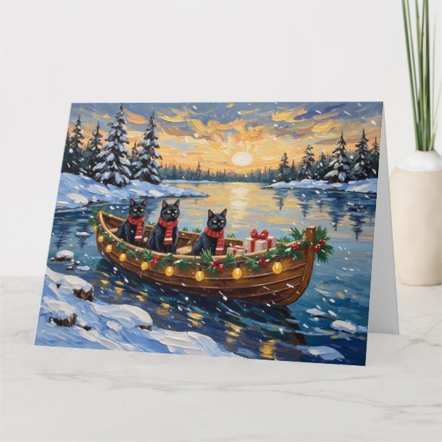 Carte Bateau de Noël pour chat noir pour les fêtes (Devant)