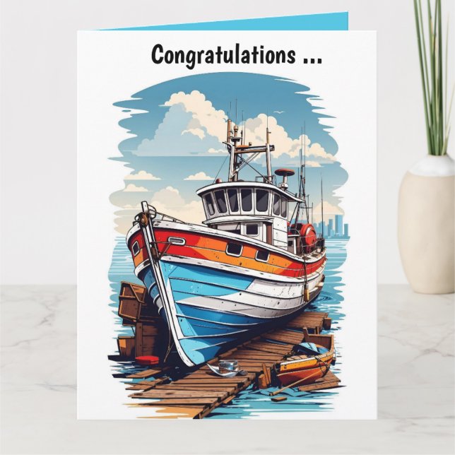 Carte Bateau éditable au bord du quai Félicitations (Devant)