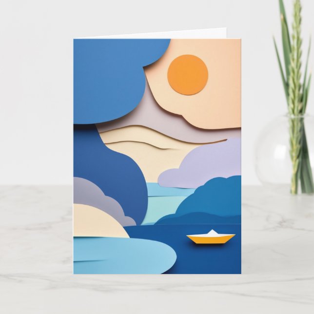 Carte Bateau en papier découpé ensoleillé (Devant)