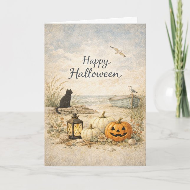 Carte Bateau Halloween de rangée de chat noir côtier (Devant)