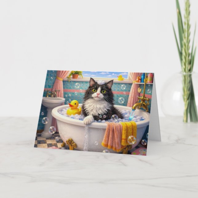 Carte Bath Time , Cat Greeting Card (Devant)